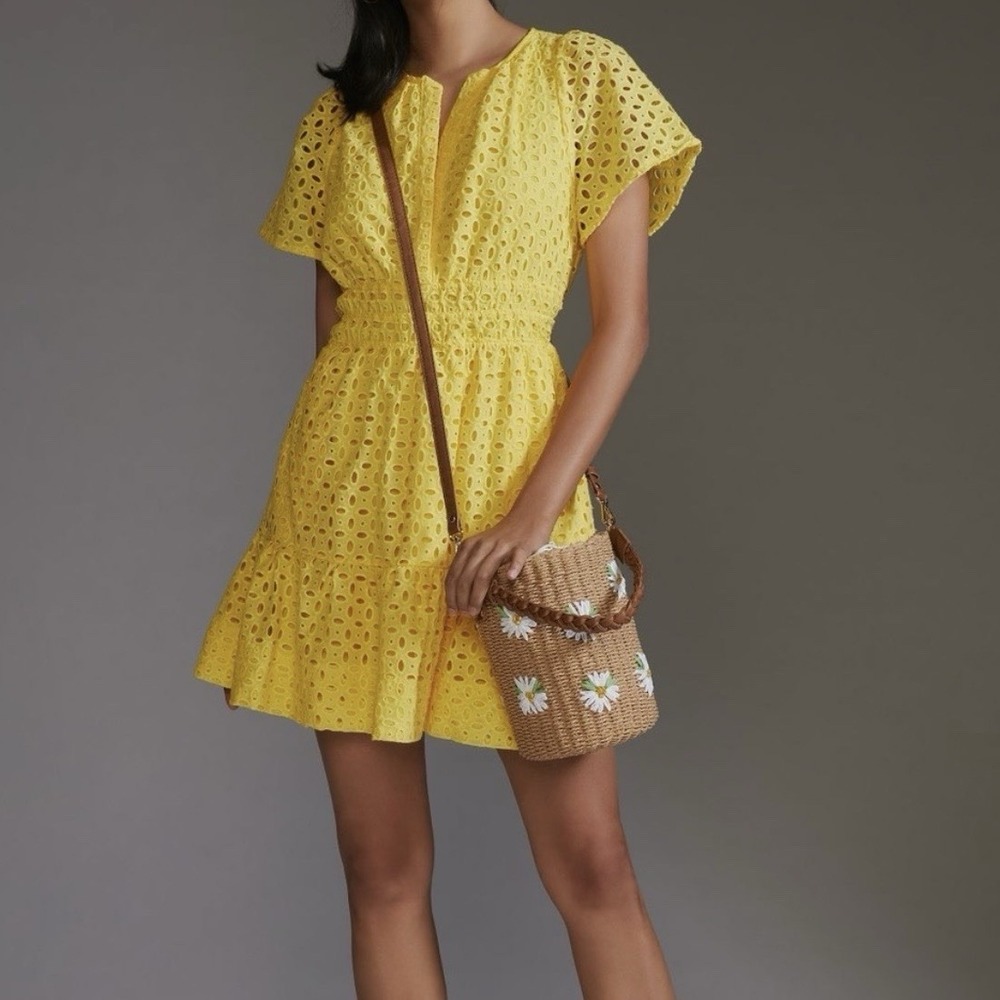 Anthropologie The Somerset Mini Dress Yellow Eyelet Medium Petite MP Cotton Boho